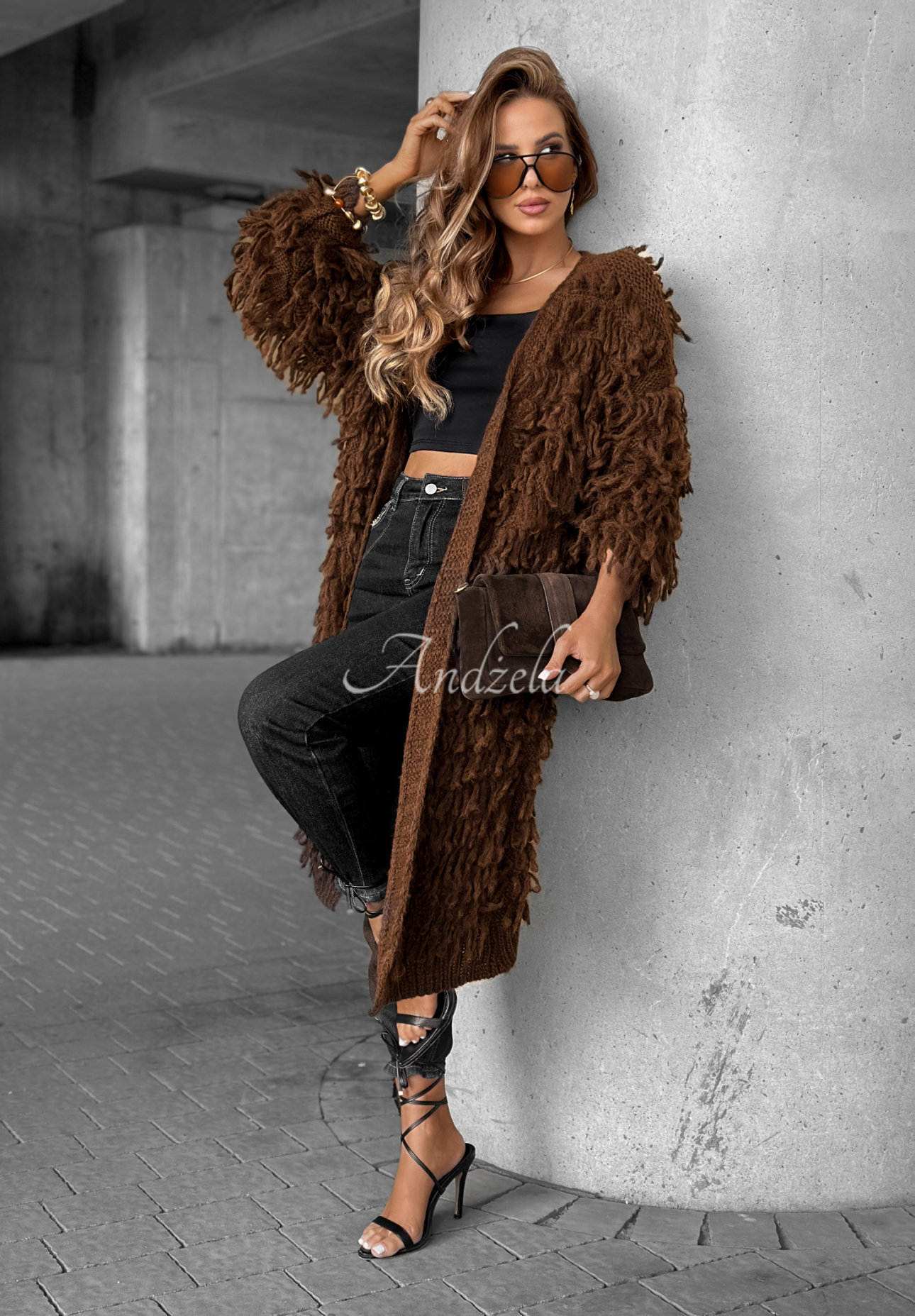 Langer Cardigan mit Fransen Fringe Schokoladenbraun
