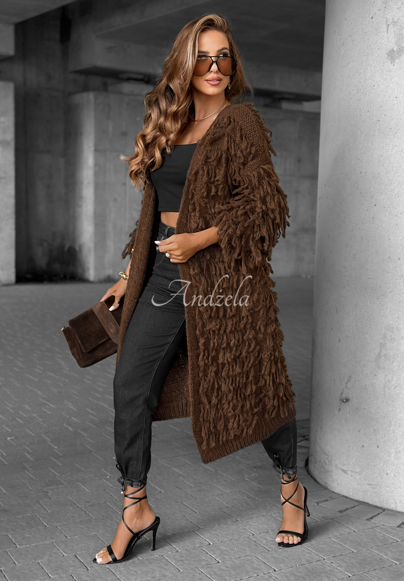 Langer Cardigan mit Fransen Fringe Schokoladenbraun