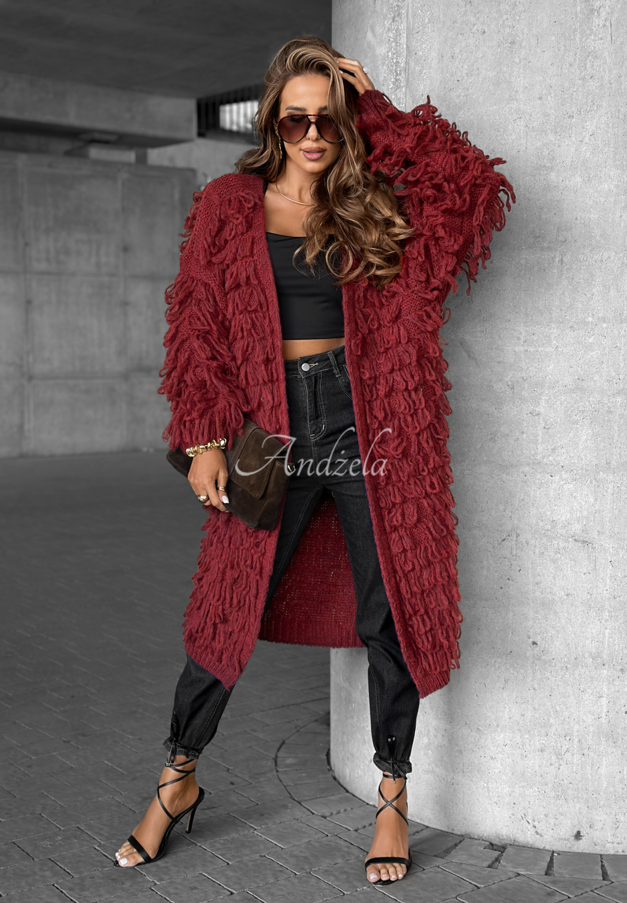 Langer Cardigan mit Fransen Fringe Burgunderrot