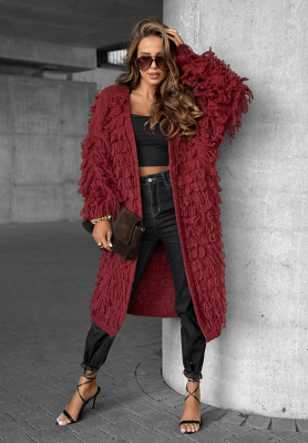 Langer Cardigan mit Fransen Fringe Burgunderrot