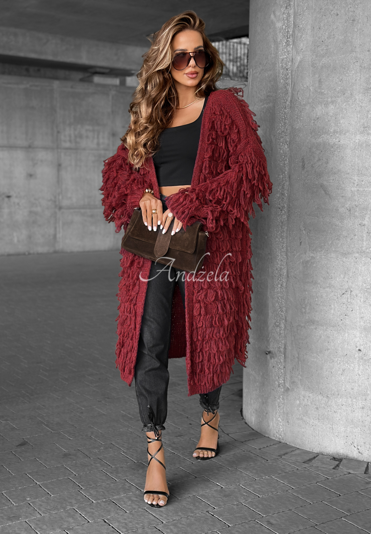 Langer Cardigan mit Fransen Fringe Burgunderrot