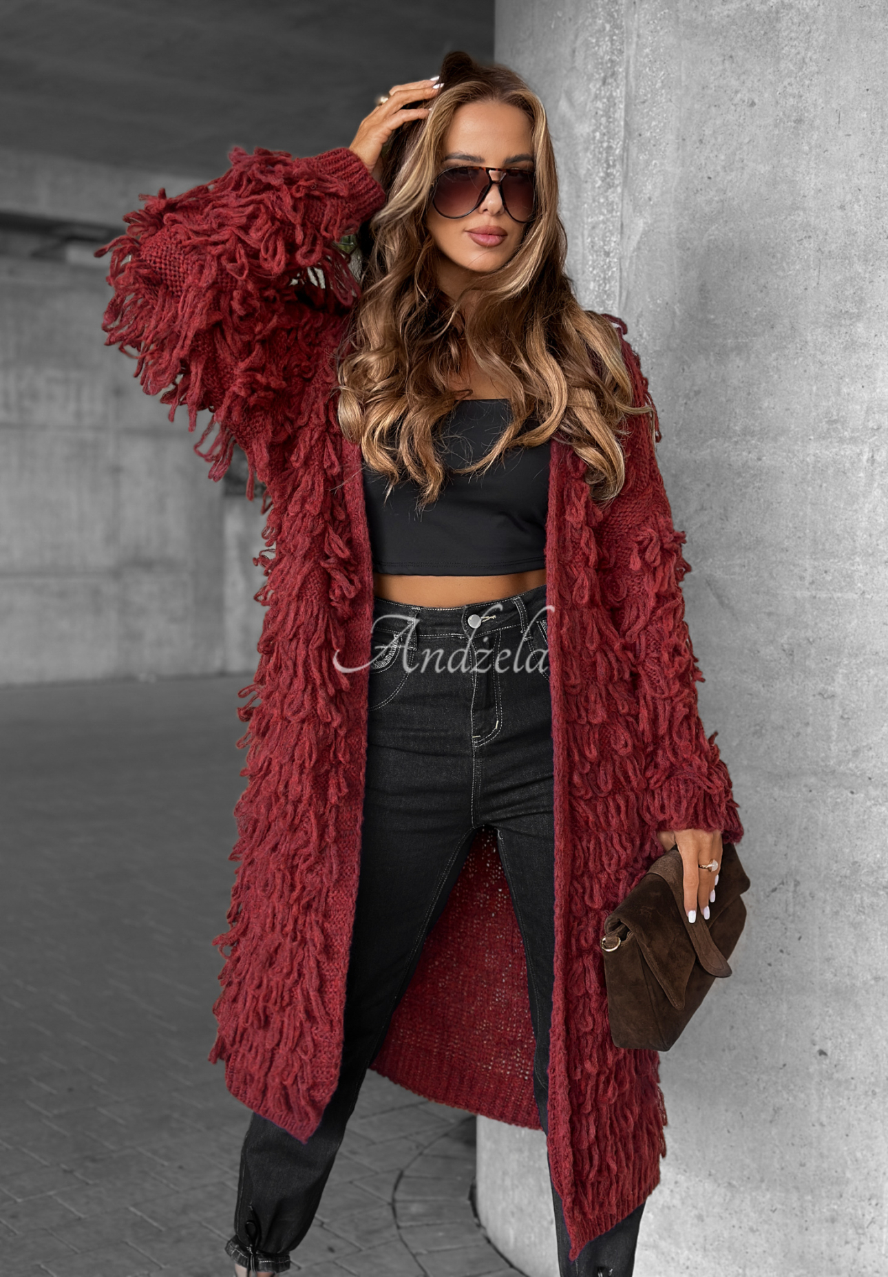 Langer Cardigan mit Fransen Fringe Burgunderrot