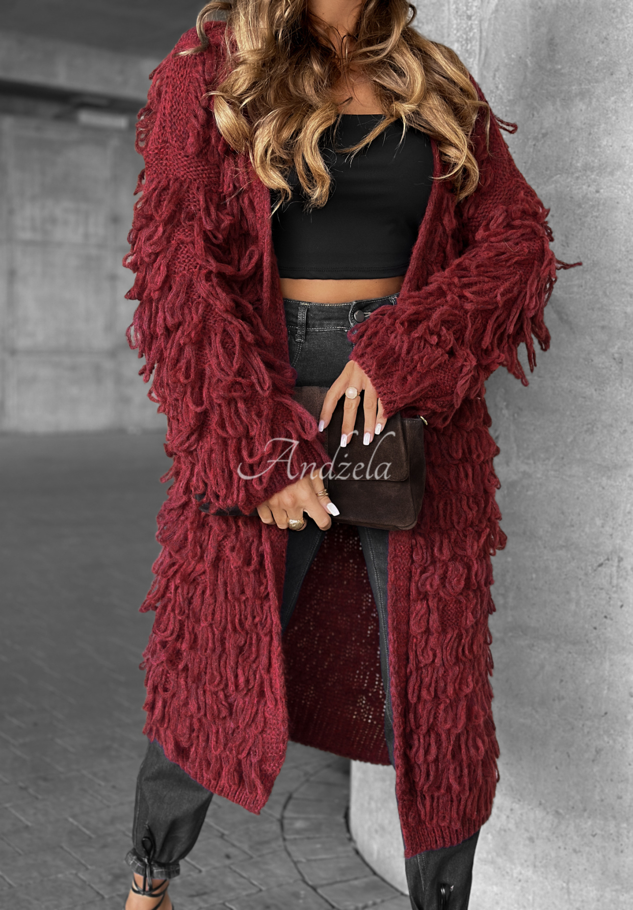 Langer Cardigan mit Fransen Fringe Burgunderrot