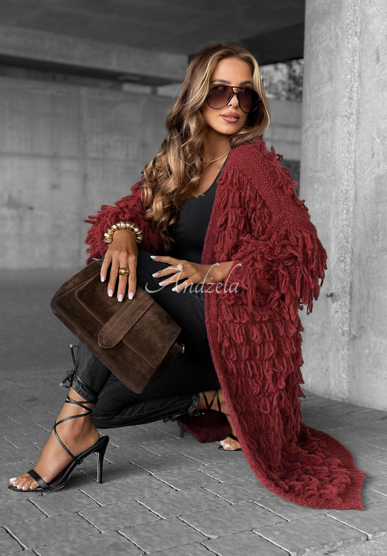 Langer Cardigan mit Fransen Fringe Burgunderrot