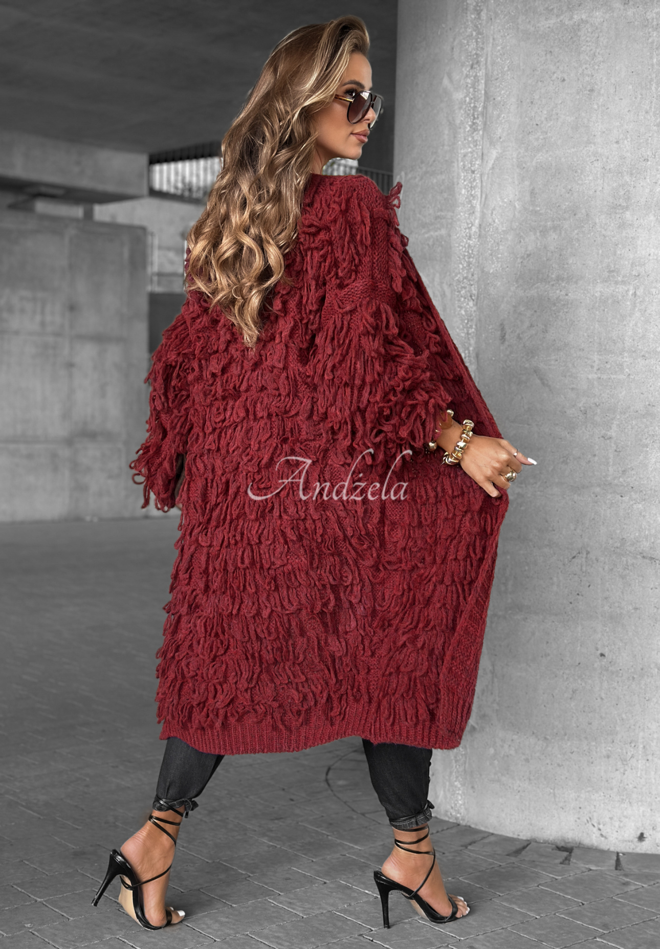 Langer Cardigan mit Fransen Fringe Burgunderrot