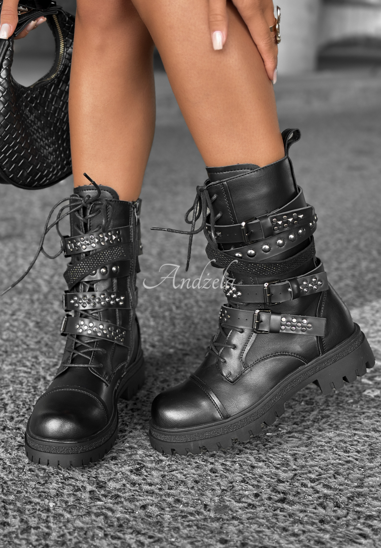 Leder-Workerstiefel mit Riemen Monterey Park Schwarz