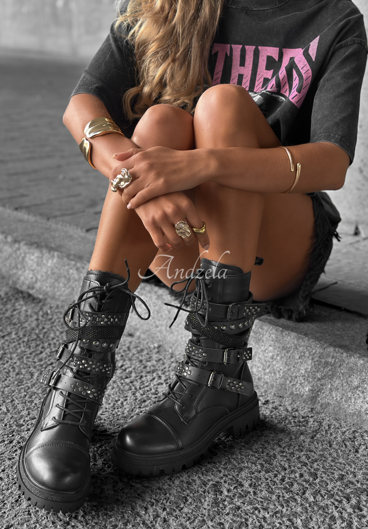 Leder-Workerstiefel mit Riemen Monterey Park Schwarz
