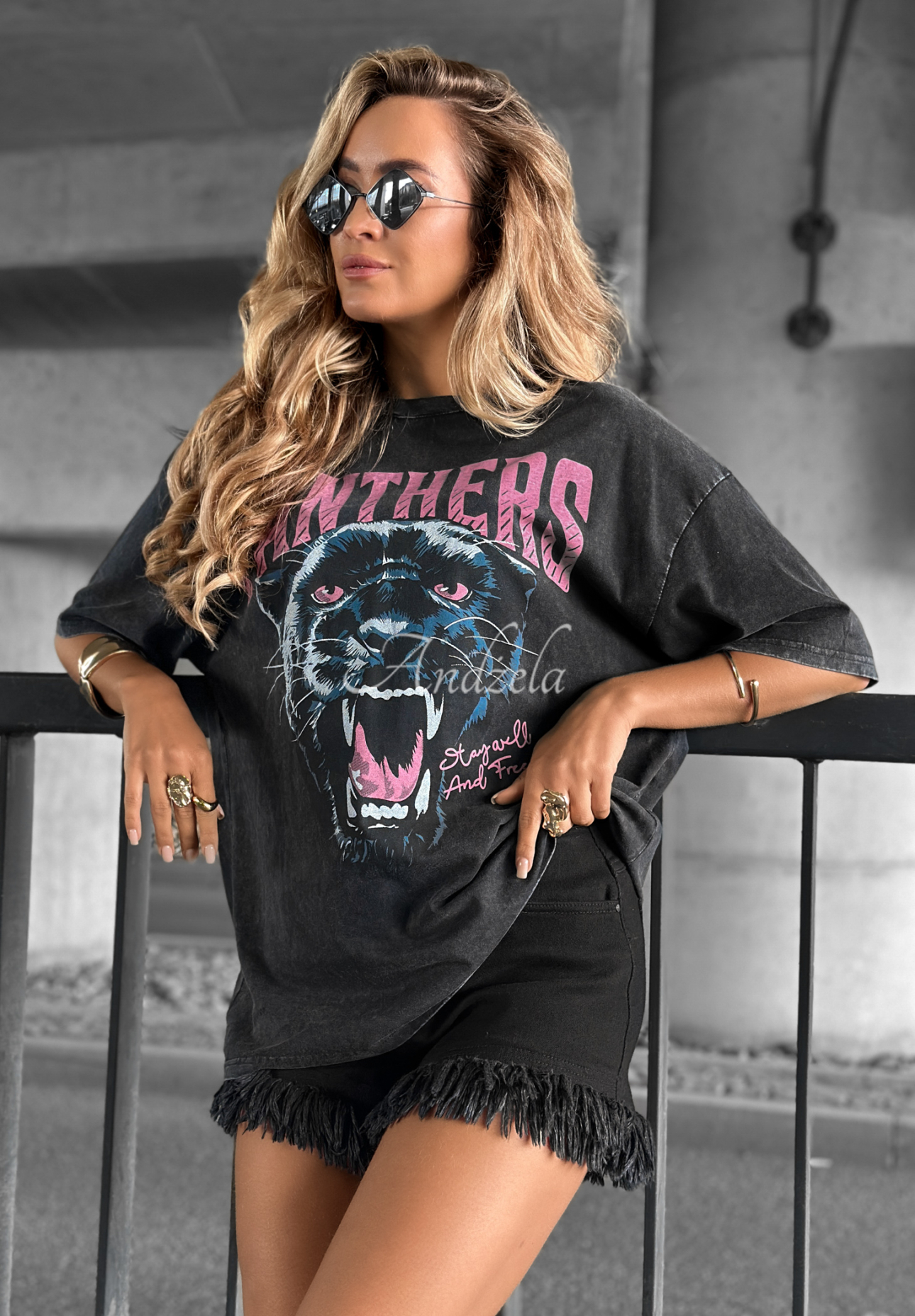 T-Shirt mit Aufdruck Panthers Schwarz