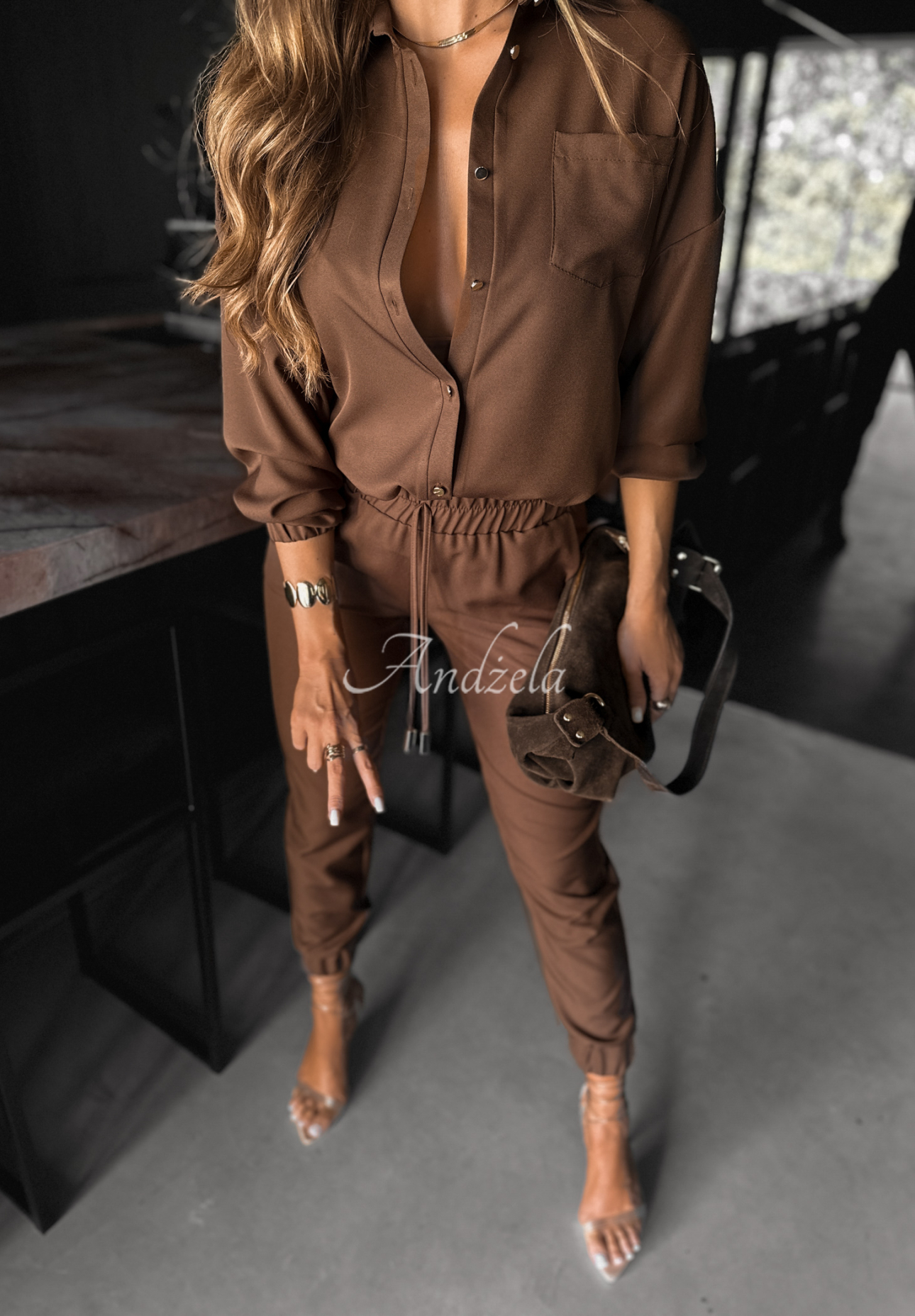 Viskose-Set aus Hemd und Hose Straight Talk Schokoladenbraun