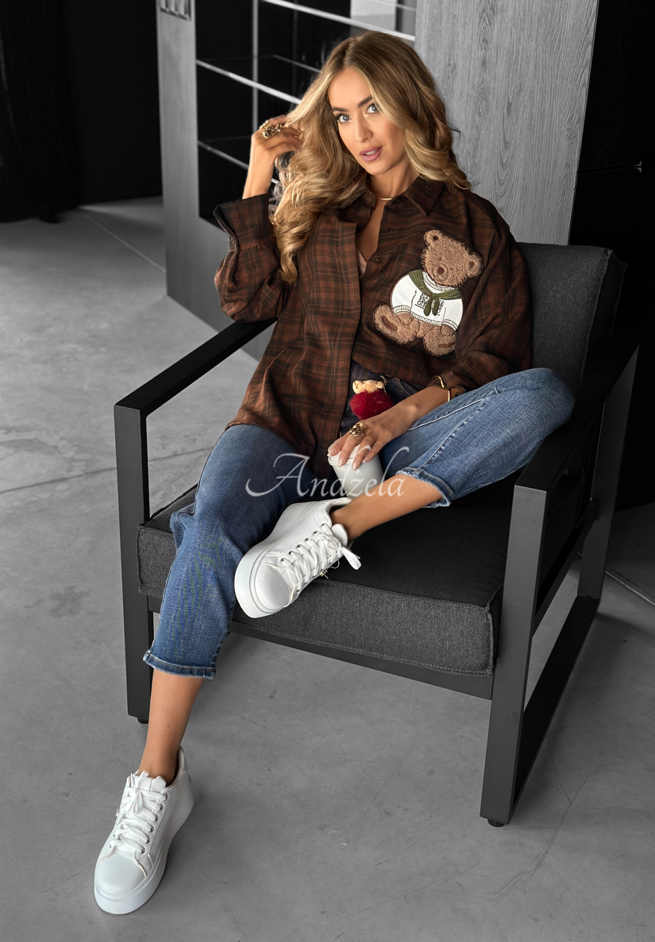 Kariertes Hemd mit Patch Vintage Teddy Schokoladenbraun