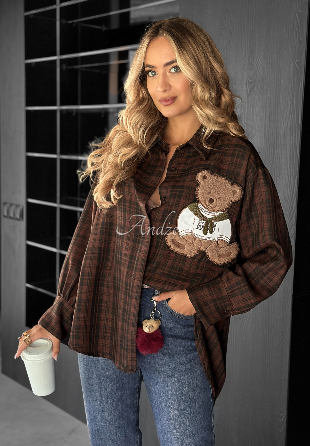 Kariertes Hemd mit Patch Vintage Teddy Schokoladenbraun
