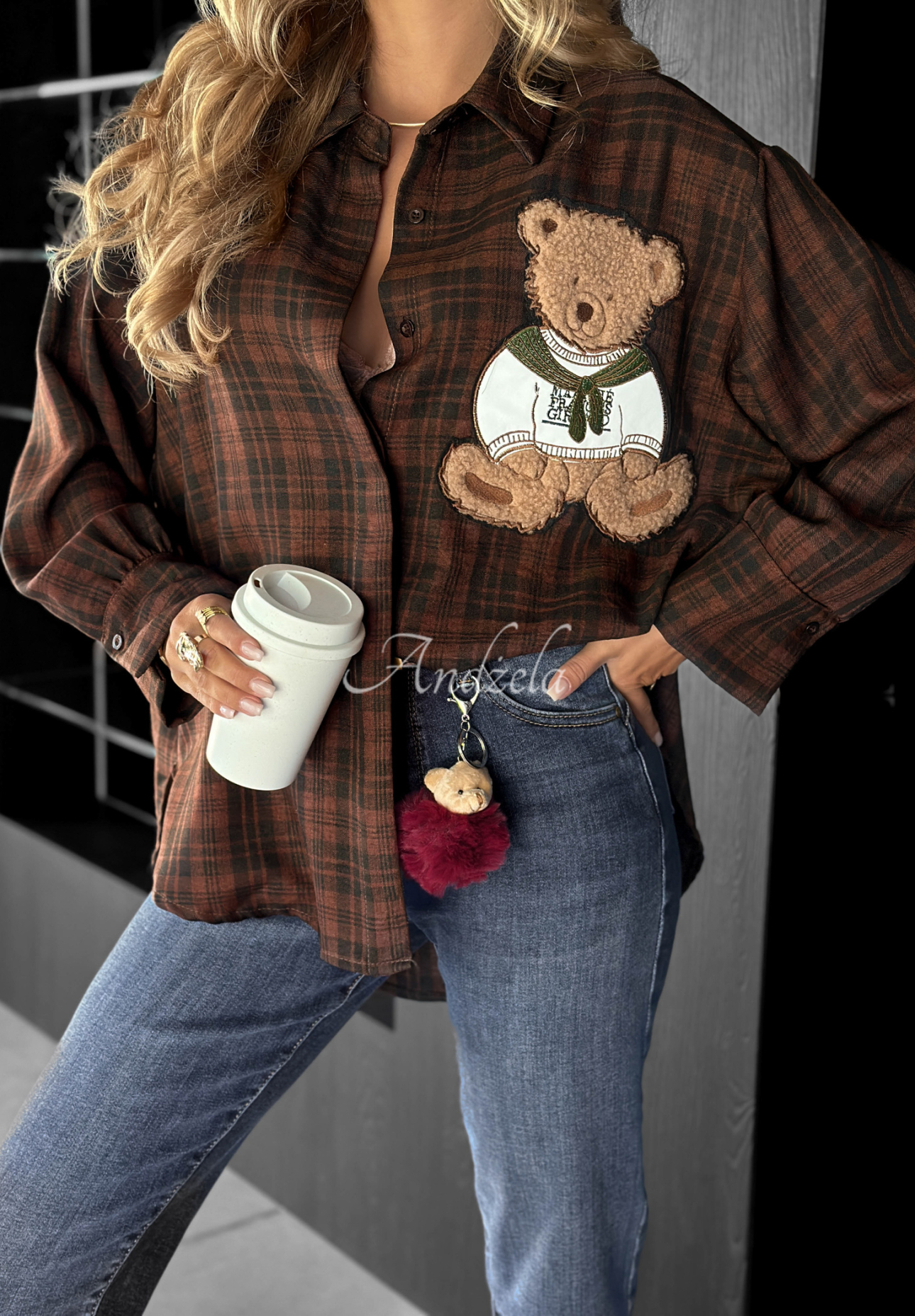 Kariertes Hemd mit Patch Vintage Teddy Schokoladenbraun