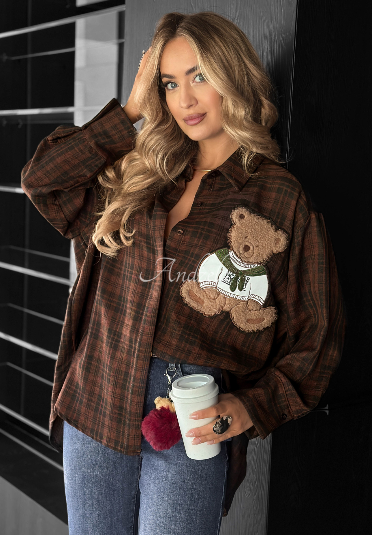 Kariertes Hemd mit Patch Vintage Teddy Schokoladenbraun