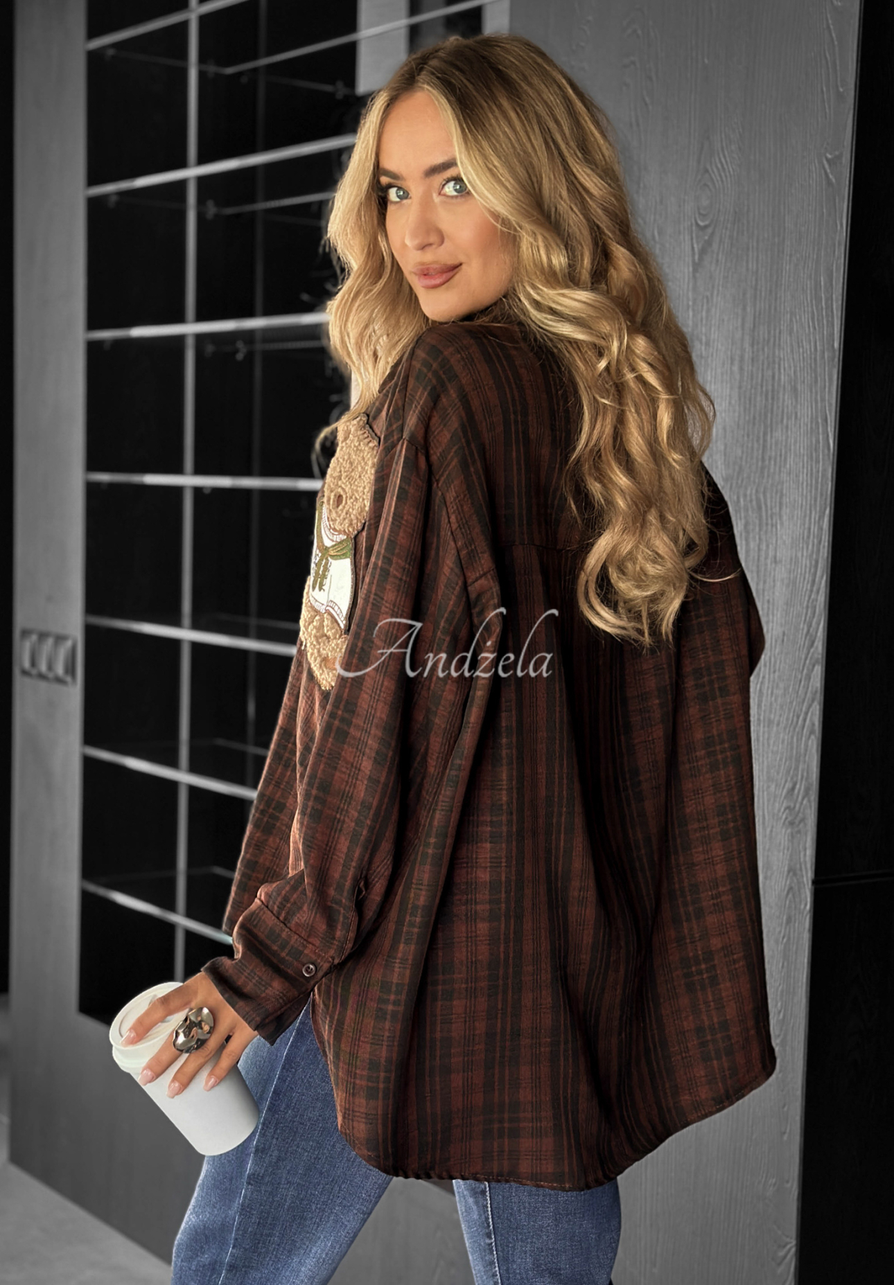 Kariertes Hemd mit Patch Vintage Teddy Schokoladenbraun