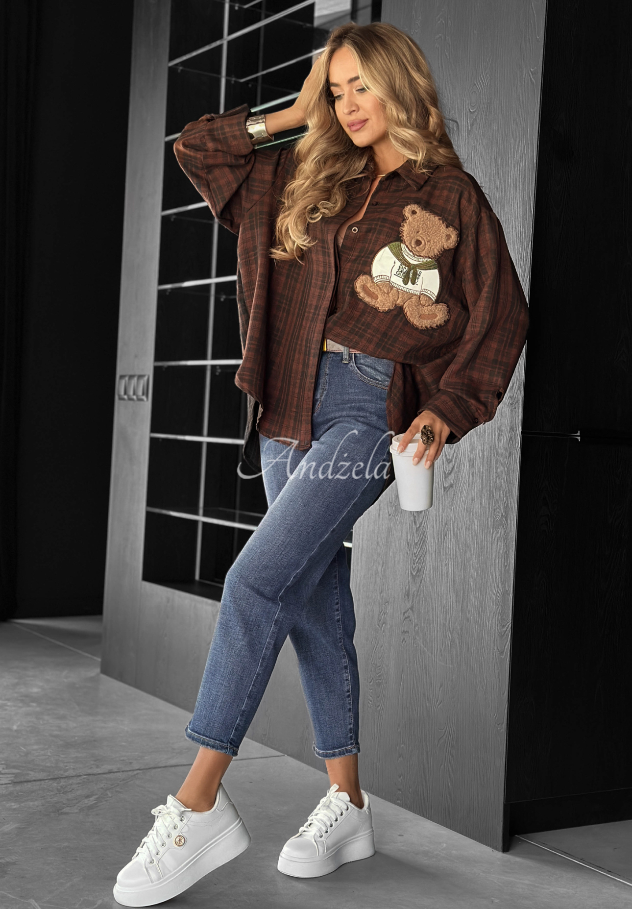 Kariertes Hemd mit Patch Vintage Teddy Schokoladenbraun