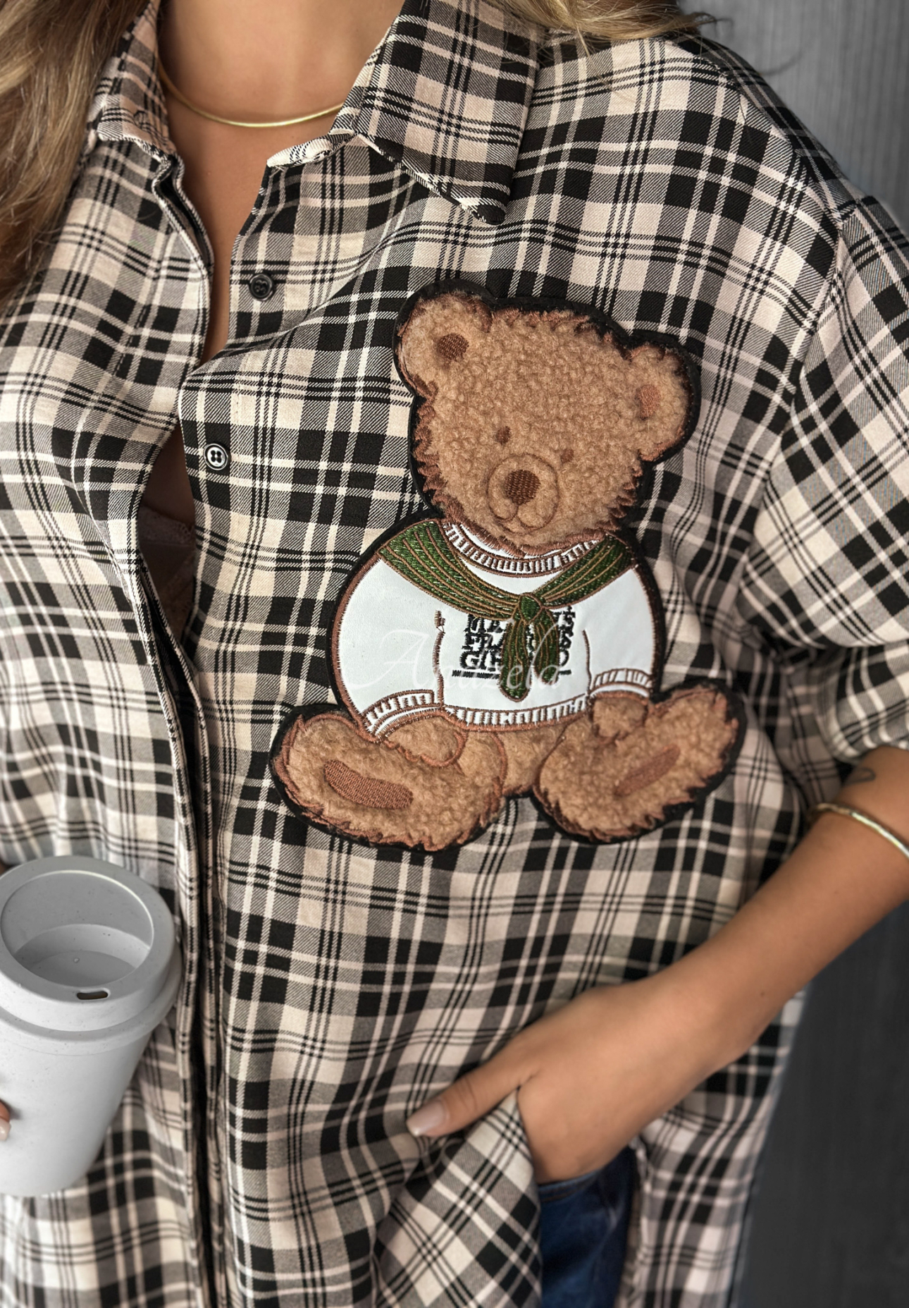 Kariertes Hemd mit Patch Vintage Teddy Beige