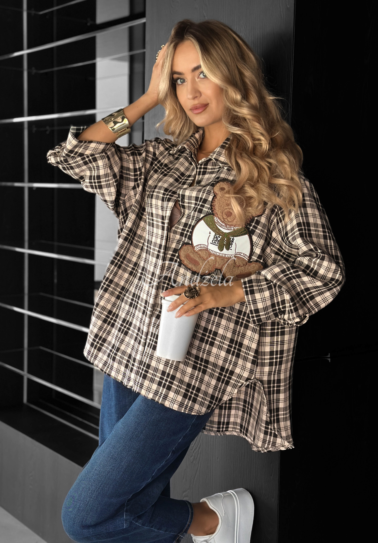 Kariertes Hemd mit Patch Vintage Teddy Beige