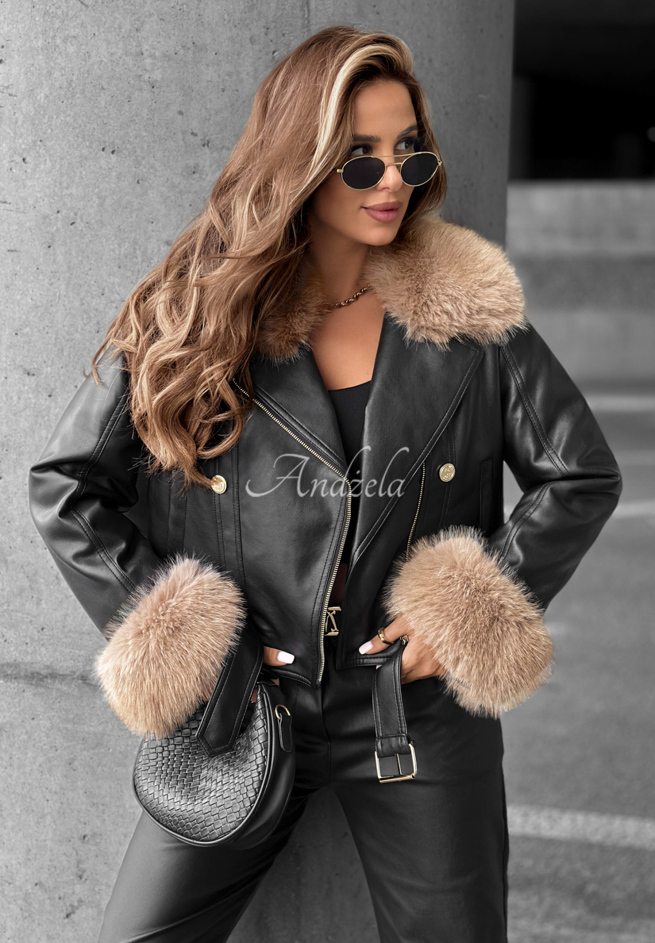 Kurze Leder-Bikerjacke mit Fell The Woodlands Schwarz