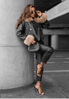 Krótka skórzana Bikerjacke z futerkiem The Woodlands Schwarz