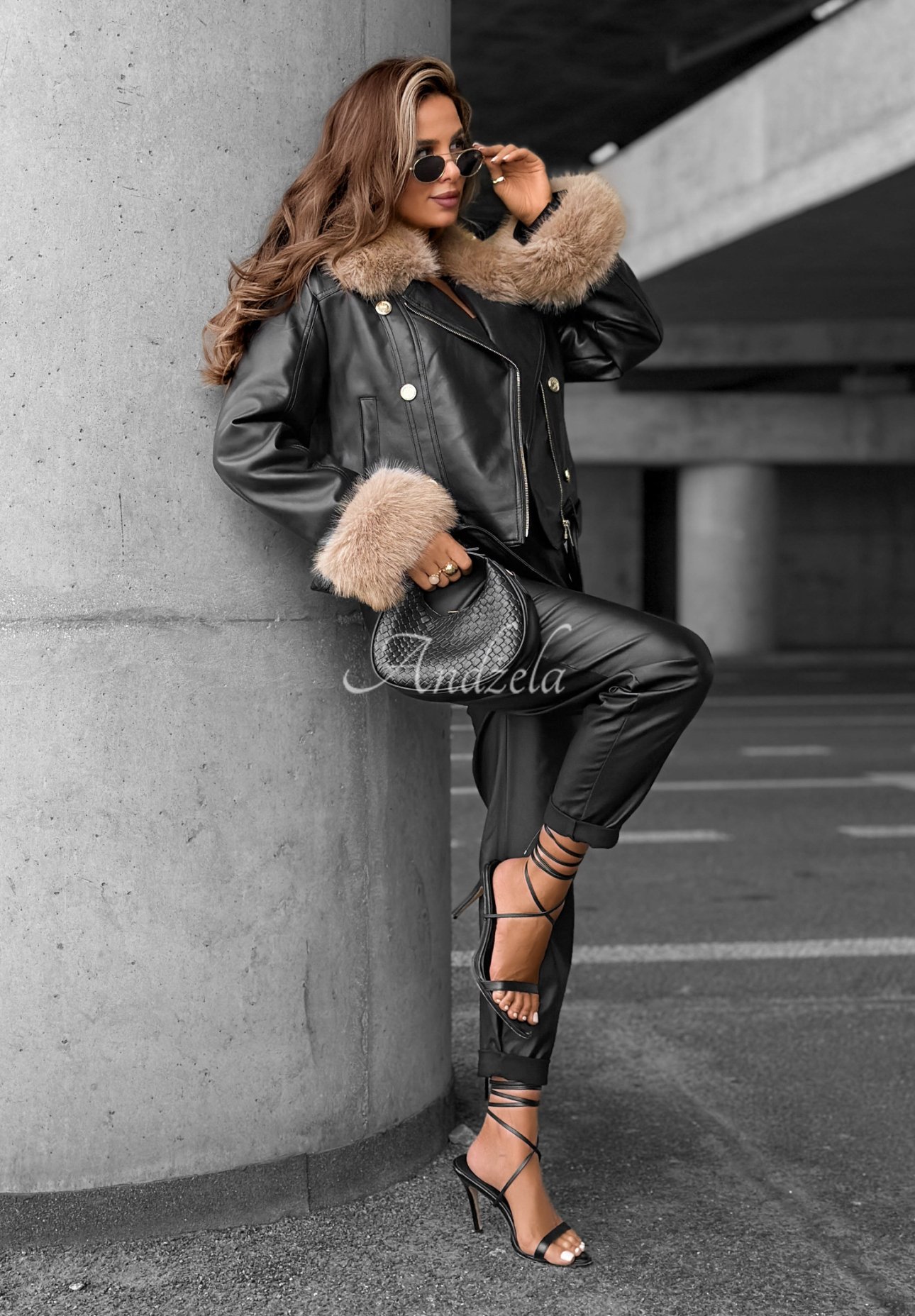 Kurze Leder-Bikerjacke mit Fell The Woodlands Schwarz