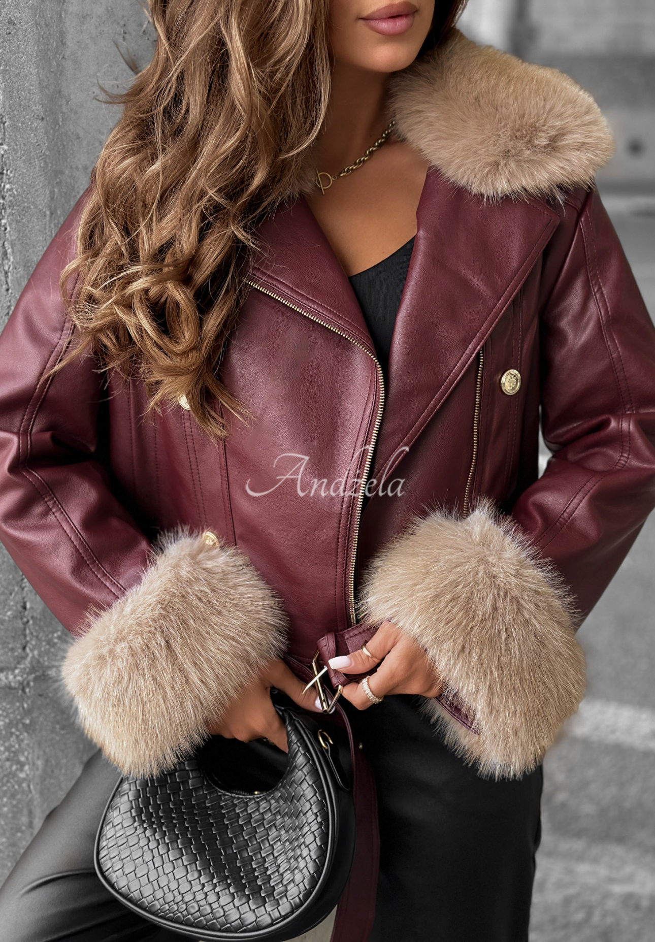 Kurze Leder-Bikerjacke mit Fell The Woodlands Burgunderrot