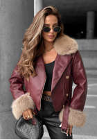 Kurze Leder-Bikerjacke mit Fell The Woodlands Burgunderrot
