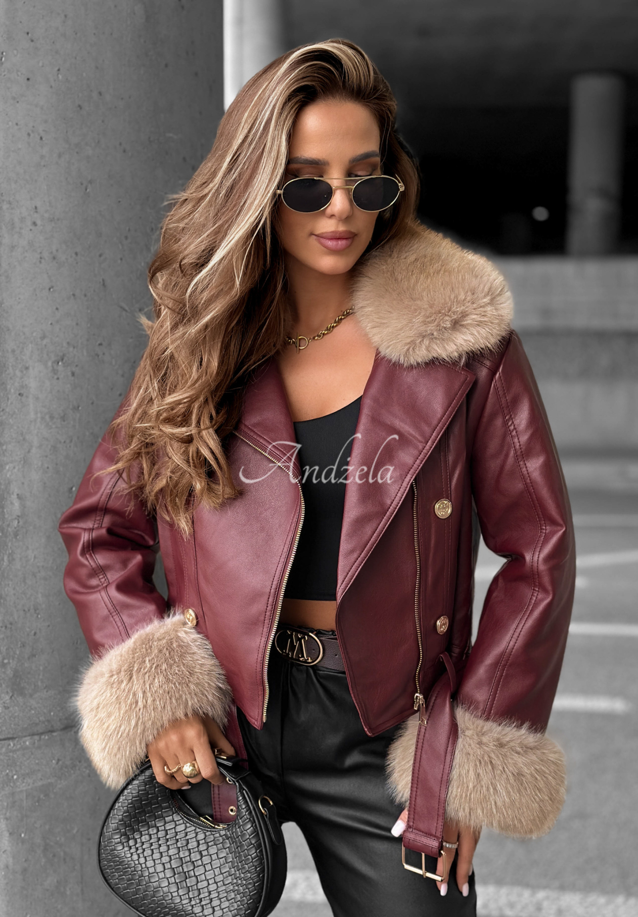 Kurze Leder-Bikerjacke mit Fell The Woodlands Burgunderrot