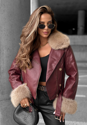 Kurze Leder-Bikerjacke mit Fell The Woodlands Burgunderrot