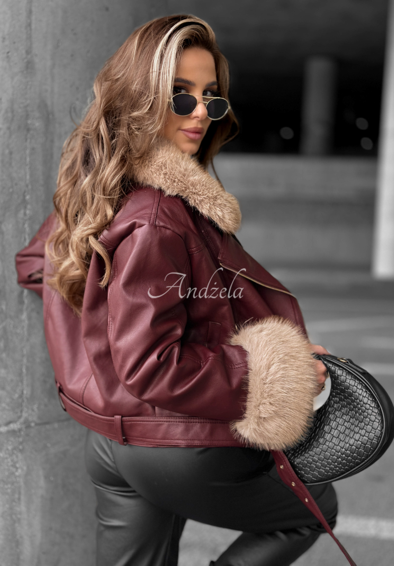 Kurze Leder-Bikerjacke mit Fell The Woodlands Burgunderrot