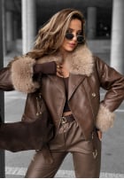 Kurze Leder-Bikerjacke mit Fell The Woodlands Schokoladenbraun