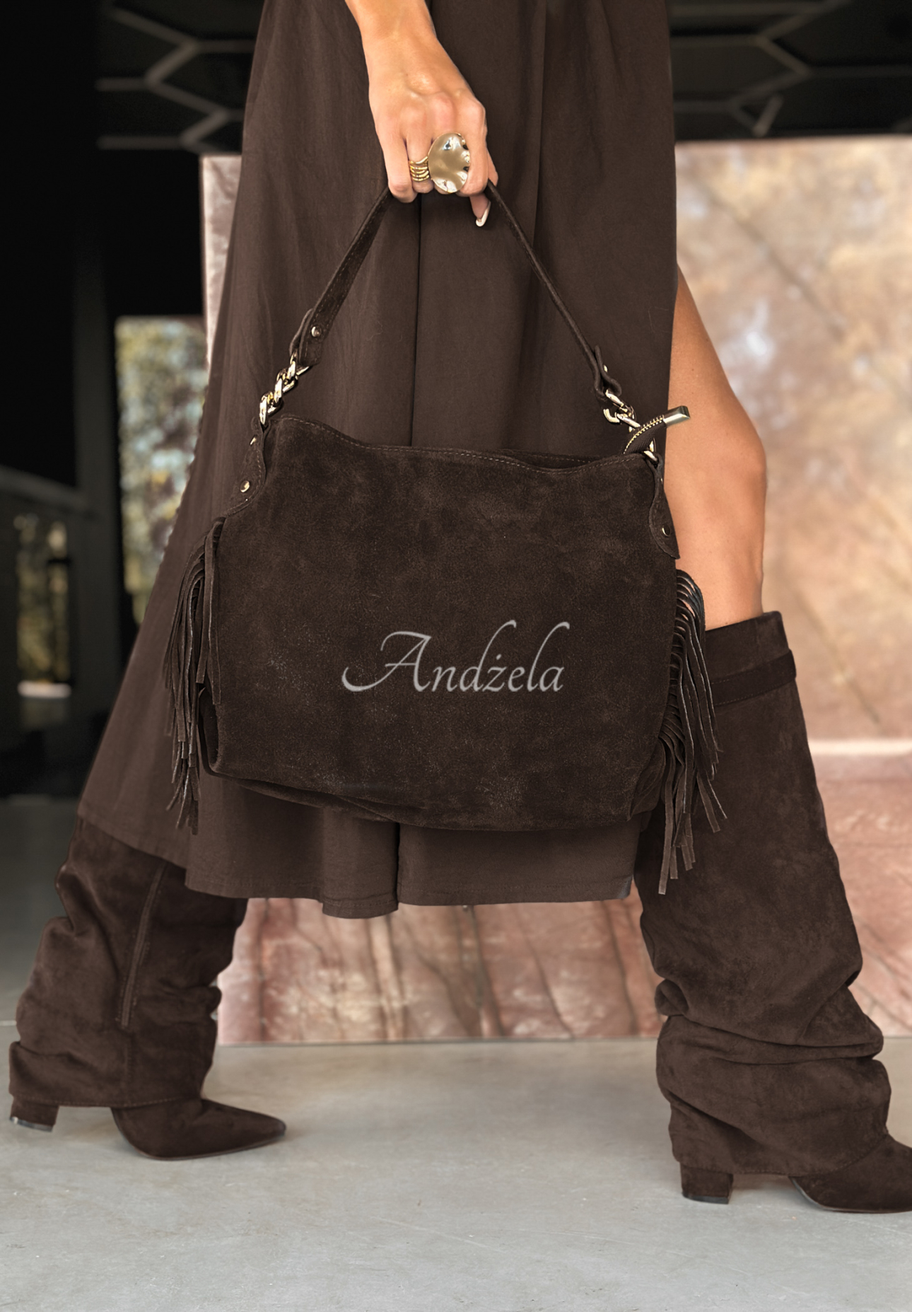 Wildledertasche mit Fransen Final Message Schokoladenbraun