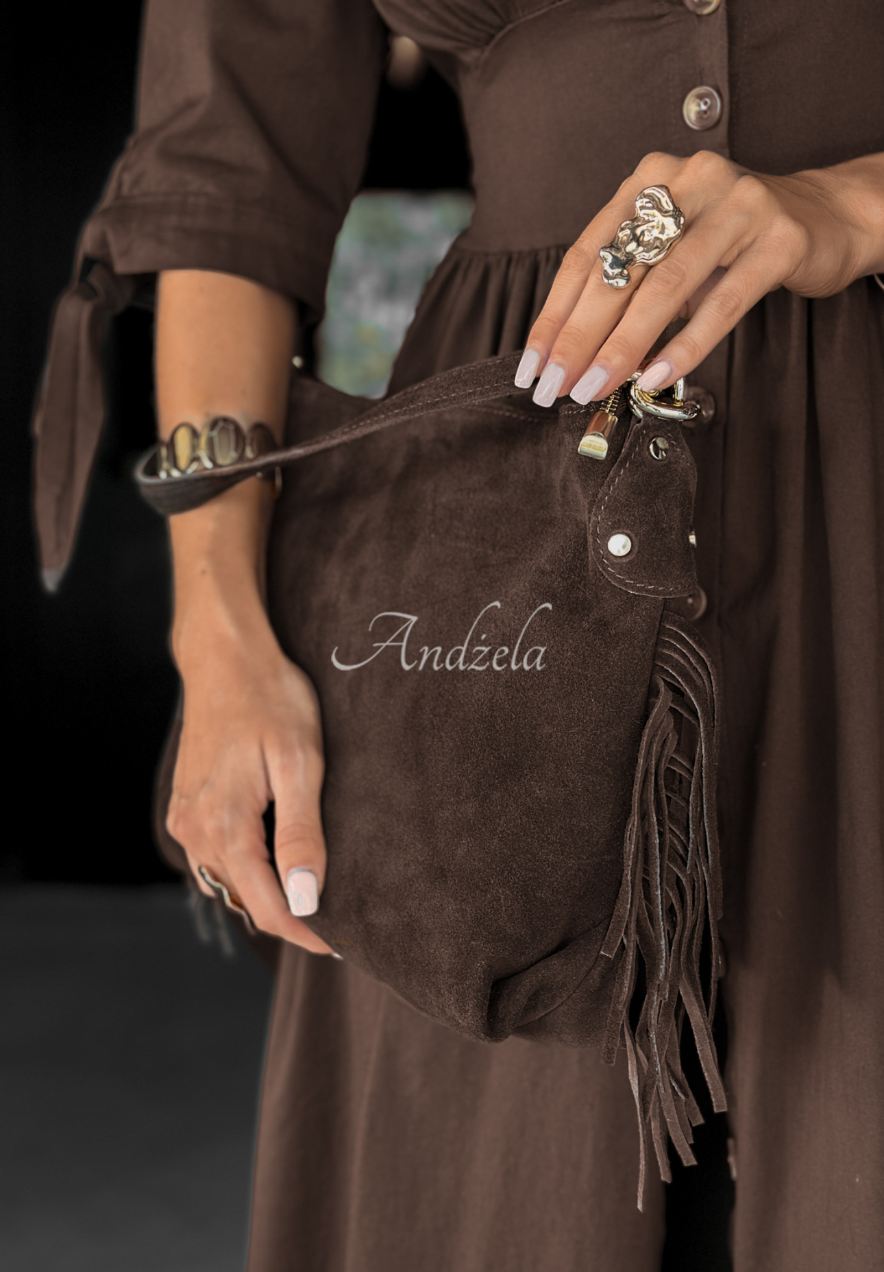 Wildledertasche mit Fransen Final Message Schokoladenbraun