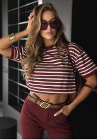 T-shirt w paski Long Story burgundowy