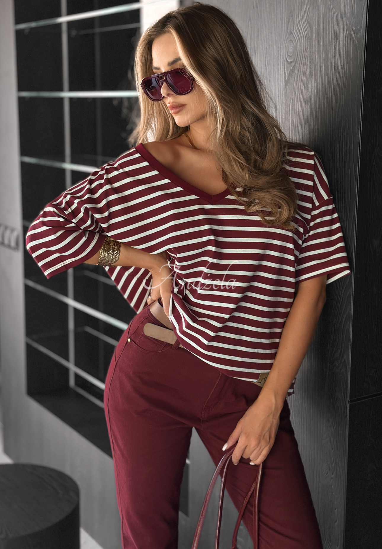 Oversize-T-Shirt mit Streifen Cascade Burgunderrot