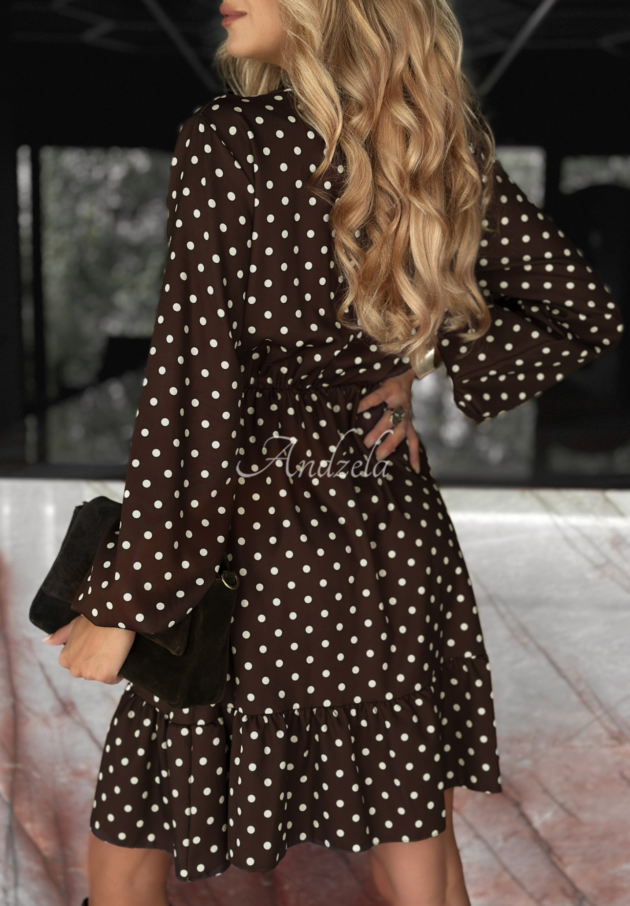 Polka Dot Kleid mit Rüschen Cancel Plans Schokoladenbraun