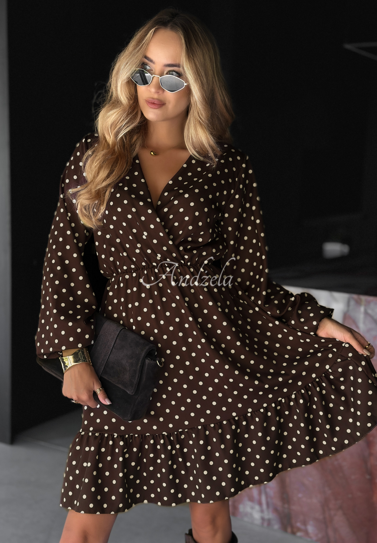 Polka Dot Kleid mit Rüschen Cancel Plans Schokoladenbraun