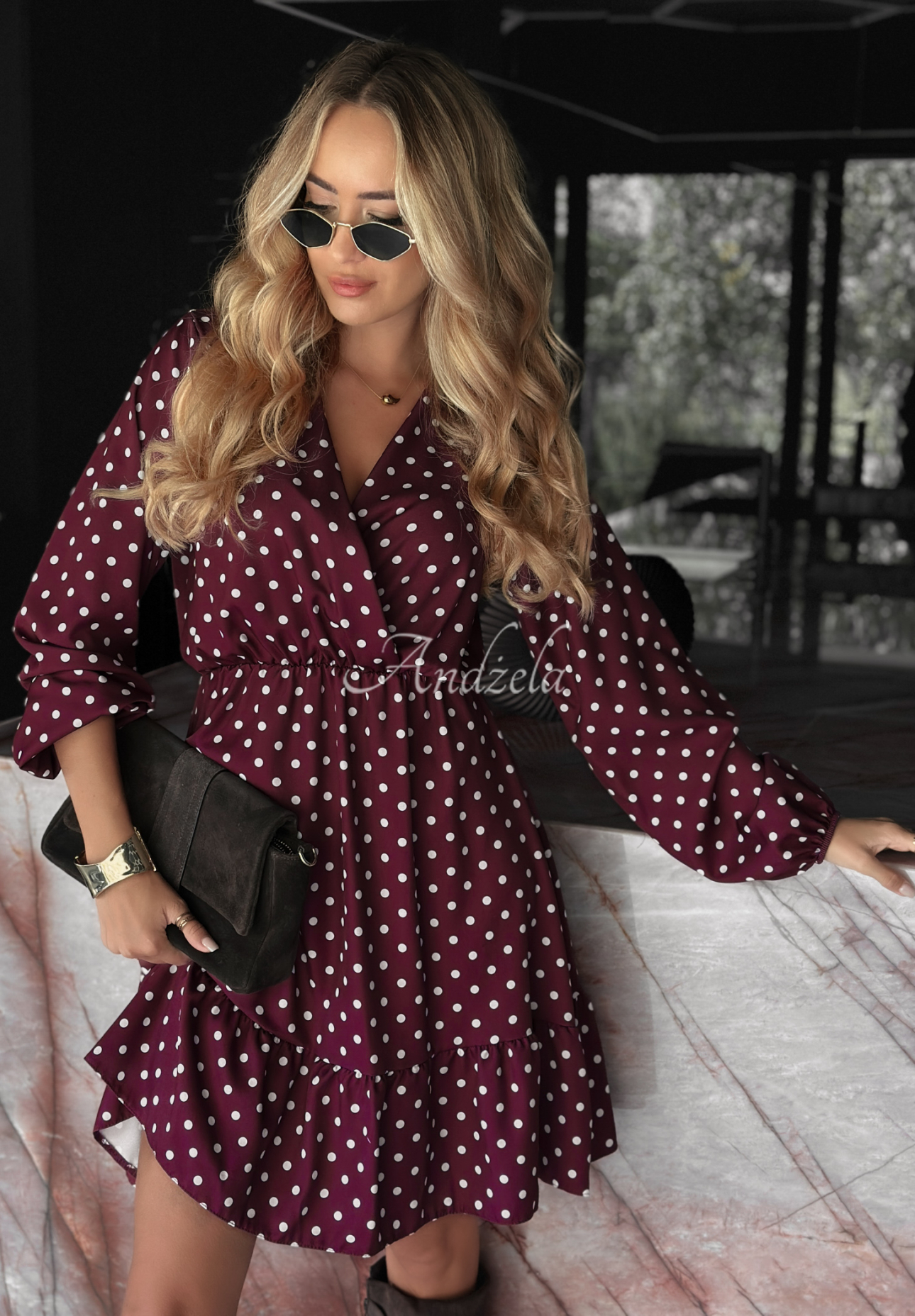 Polka Dot Kleid mit Rüschen Cancel Plans Burgunderrot