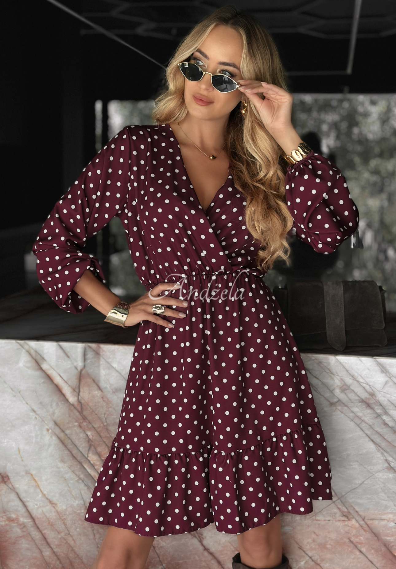 Polka Dot Kleid mit Rüschen Cancel Plans Burgunderrot