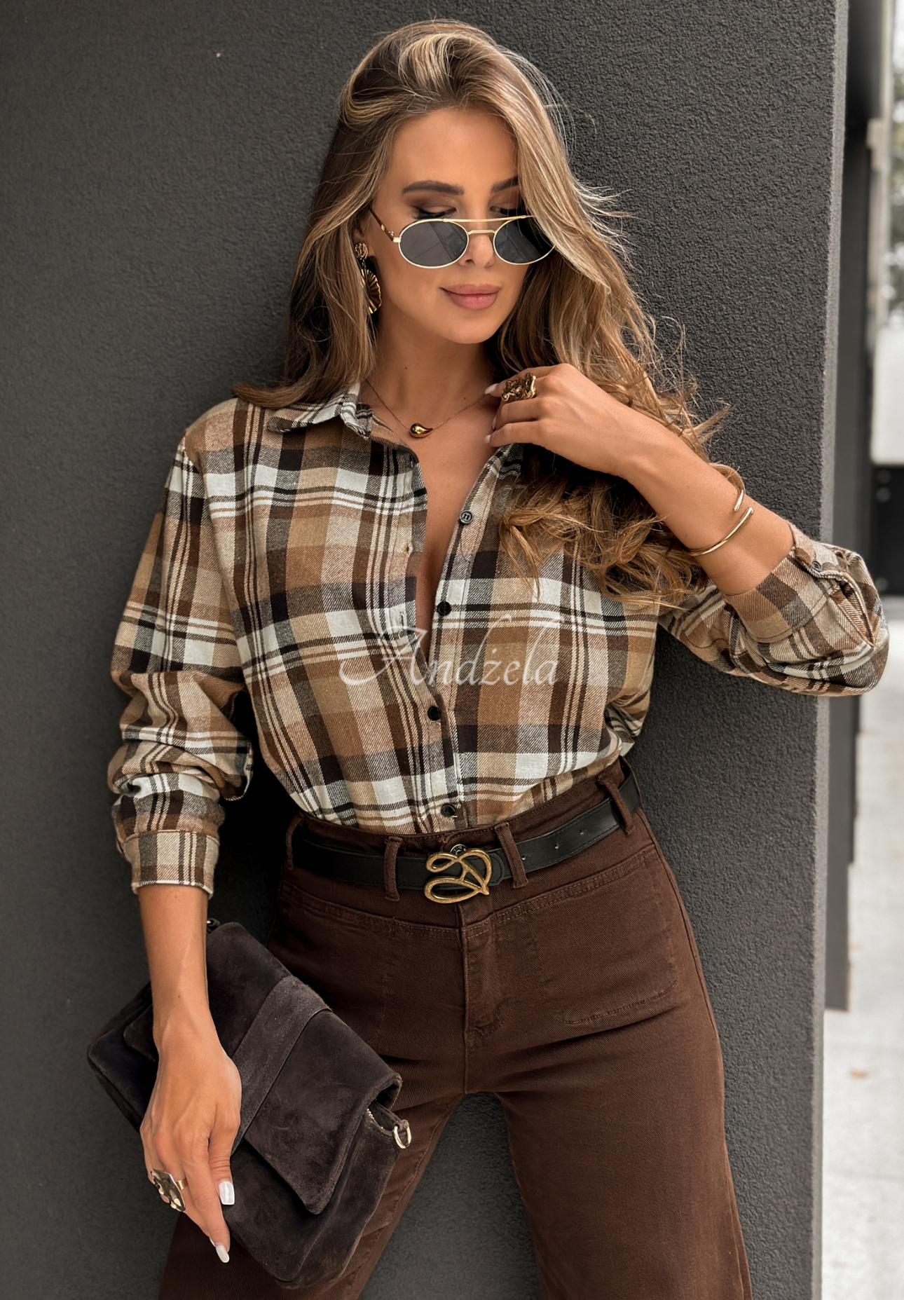 Undefined Status camel-chocolate plaid shirt
