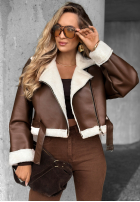 Kurze Lederjacke mit Fell No Reaction Schokoladenbraun