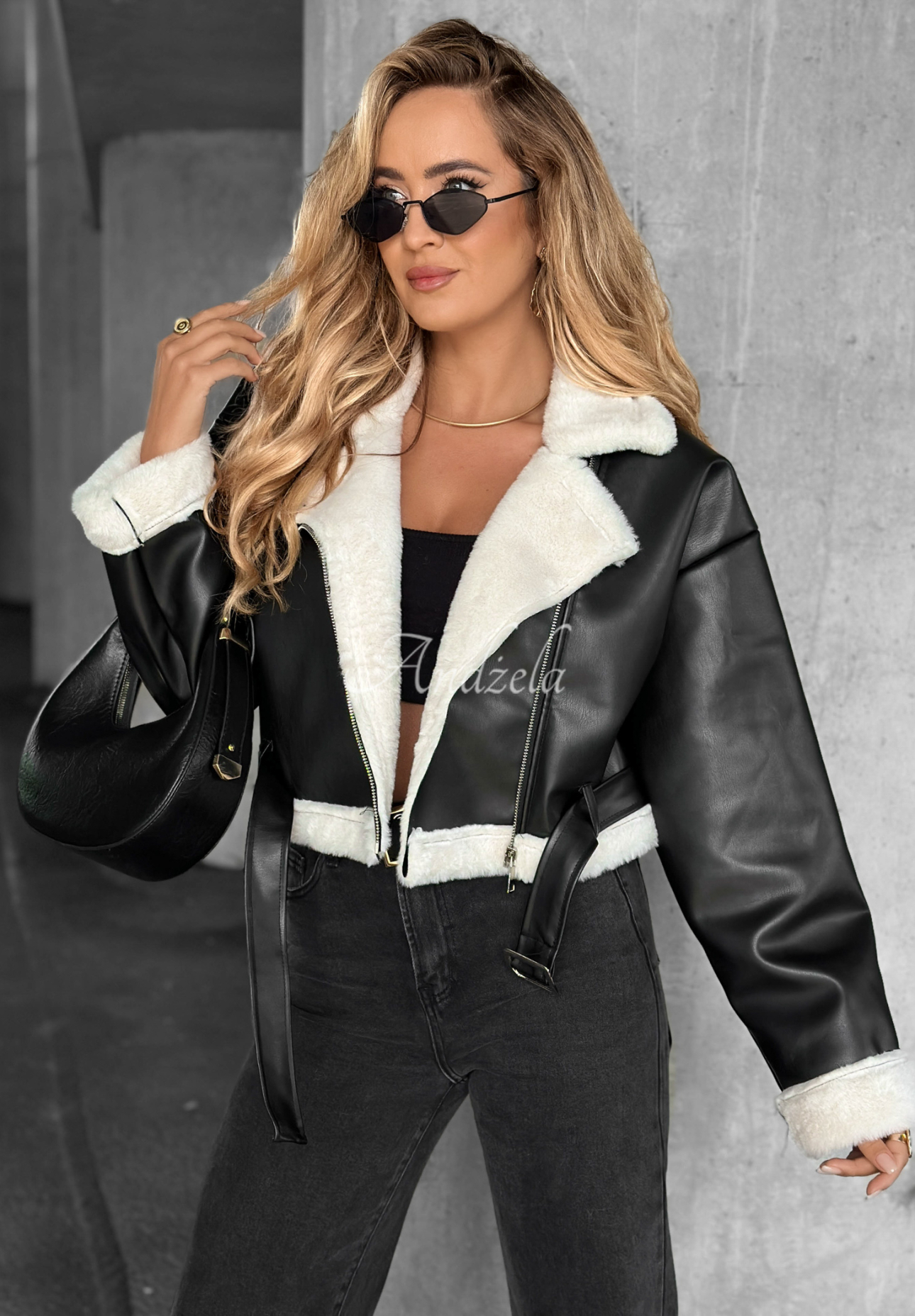 Kurze Lederjacke mit Fell No Reaction Schwarz