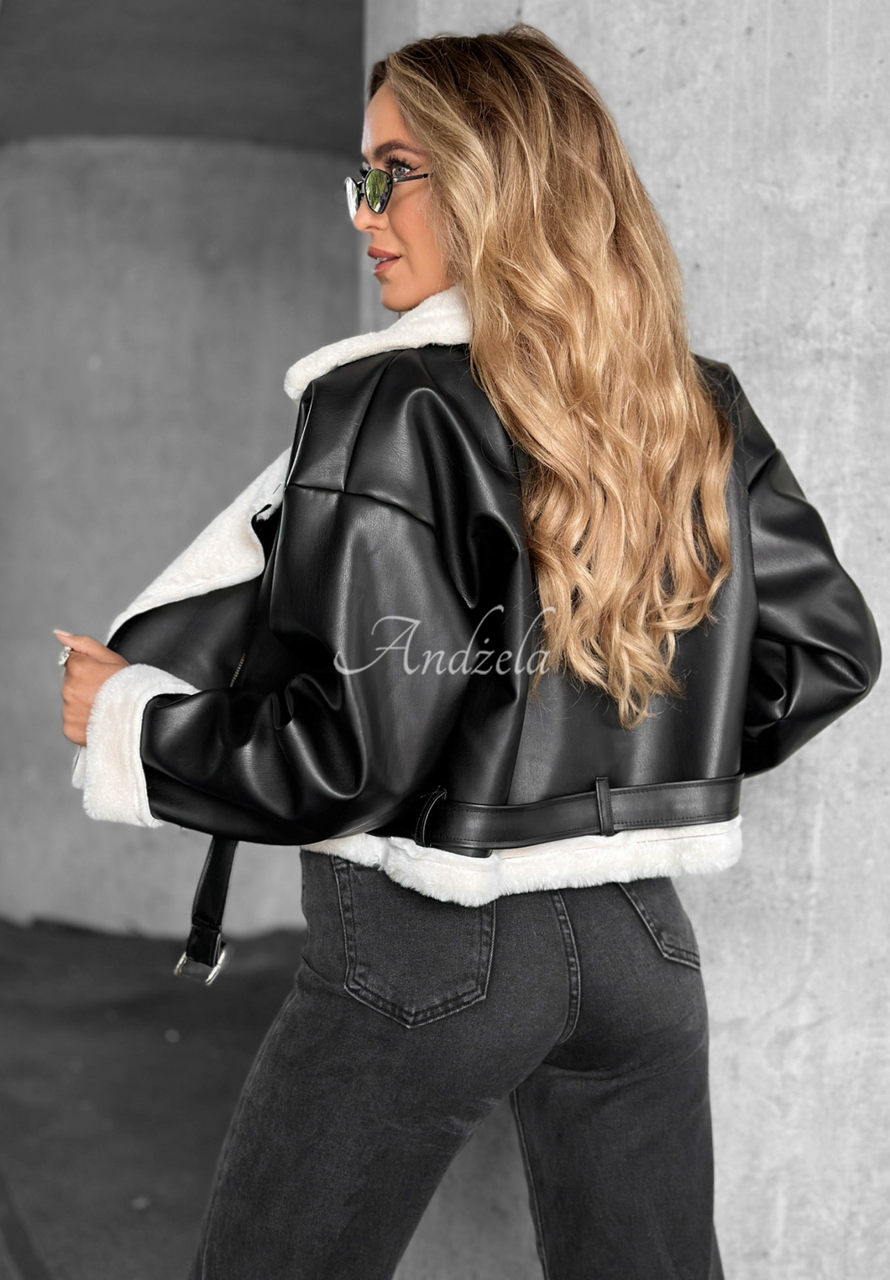 Kurze Lederjacke mit Fell No Reaction Schwarz