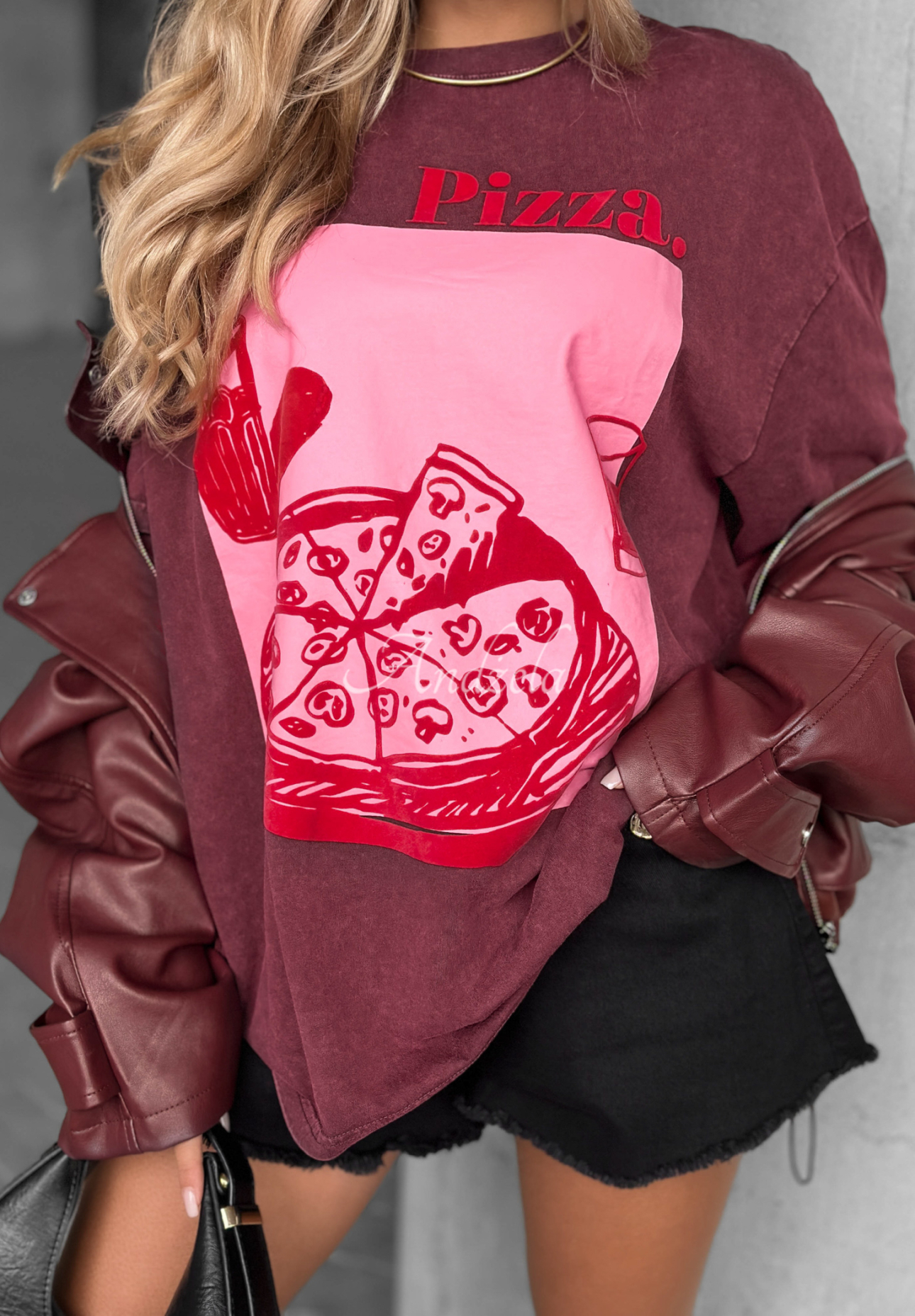 T-Shirt mit Aufdruck Pizza Burgunderrot
