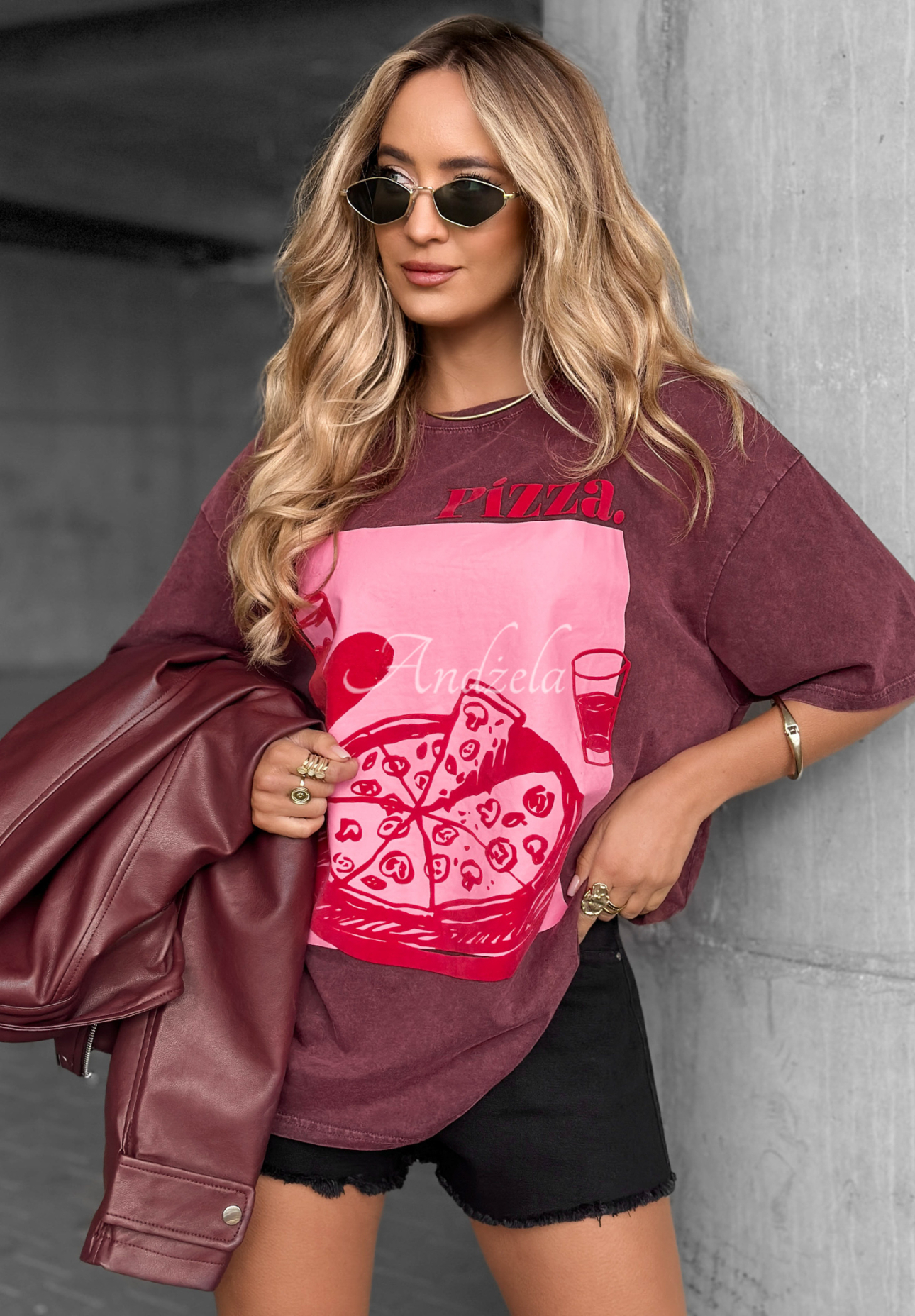 T-Shirt mit Aufdruck Pizza Burgunderrot