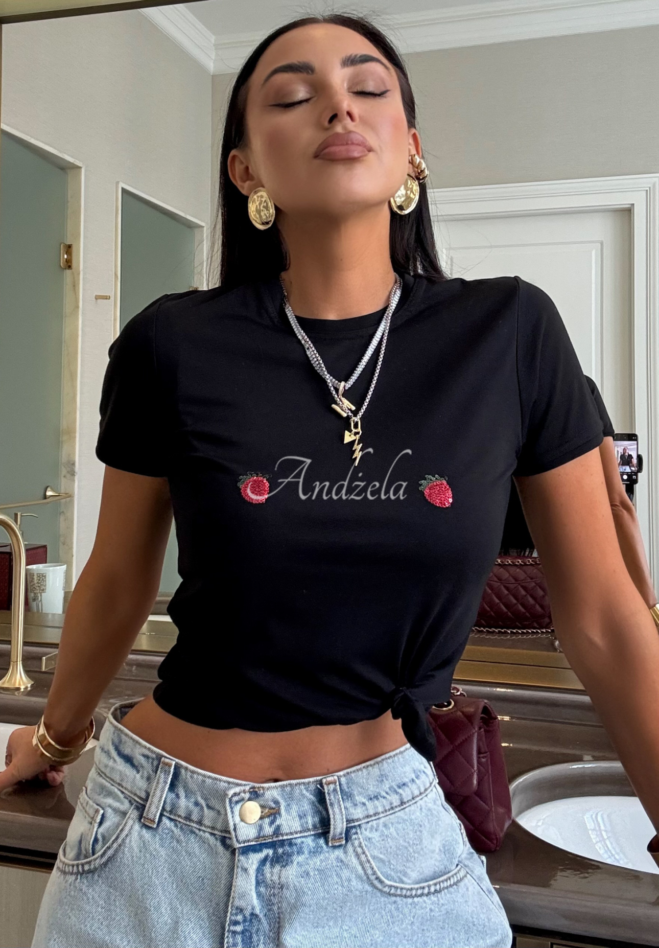 Viskose-T-Shirt mit Patches La Milla Strawberry In Chocolate Schwarz