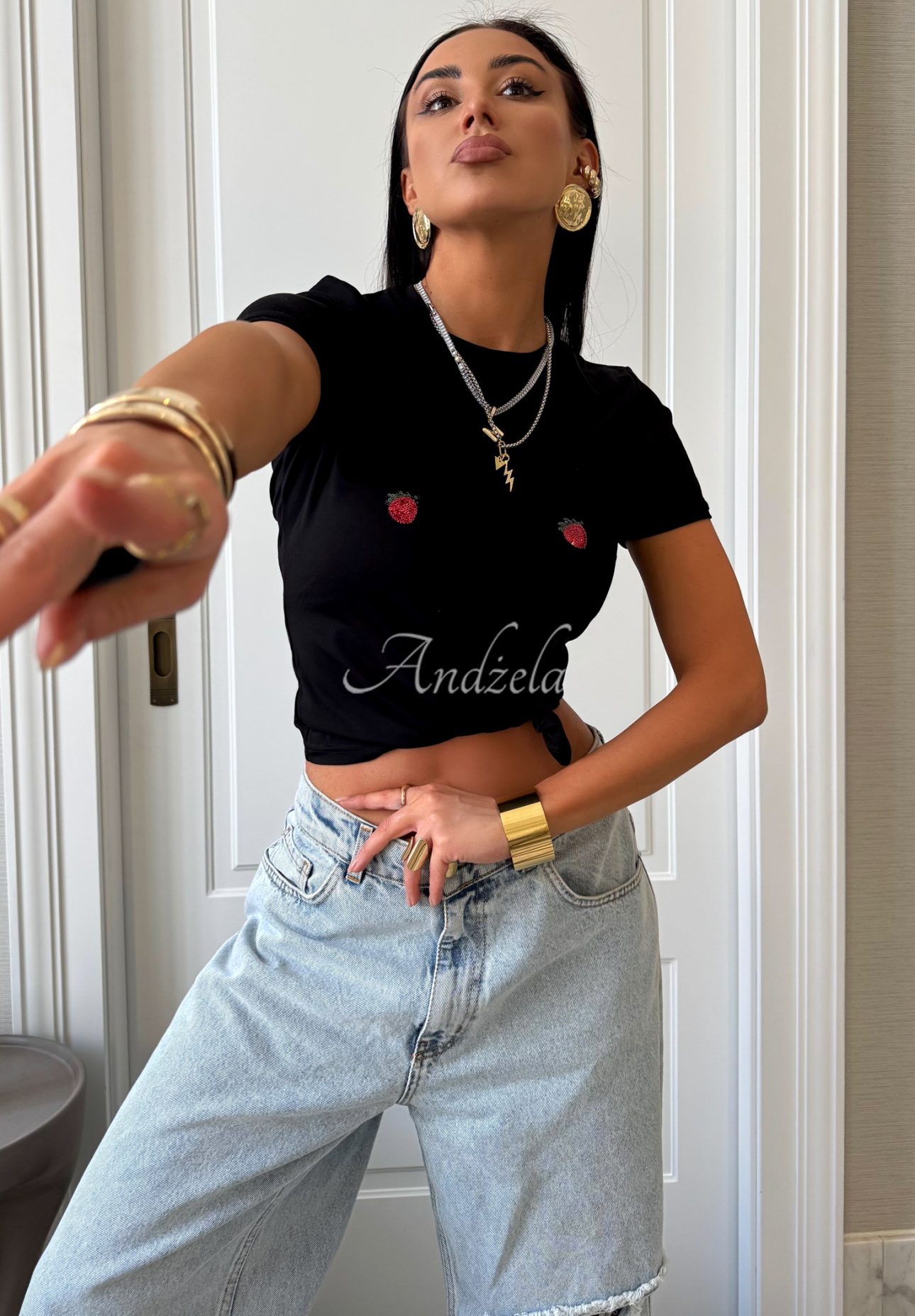 Viskose-T-Shirt mit Patches La Milla Strawberry In Chocolate Schwarz