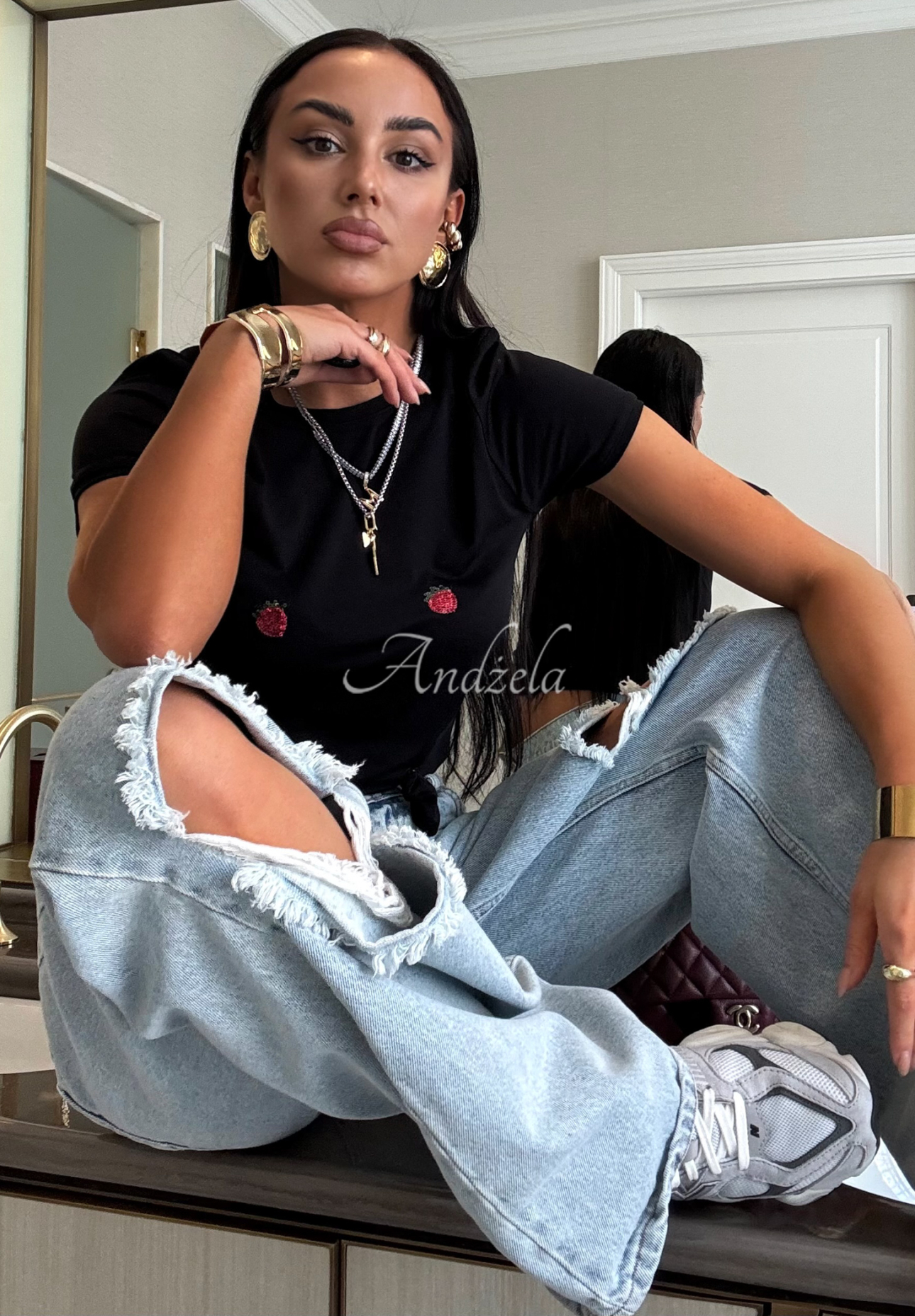 Viskose-T-Shirt mit Patches La Milla Strawberry In Chocolate Schwarz