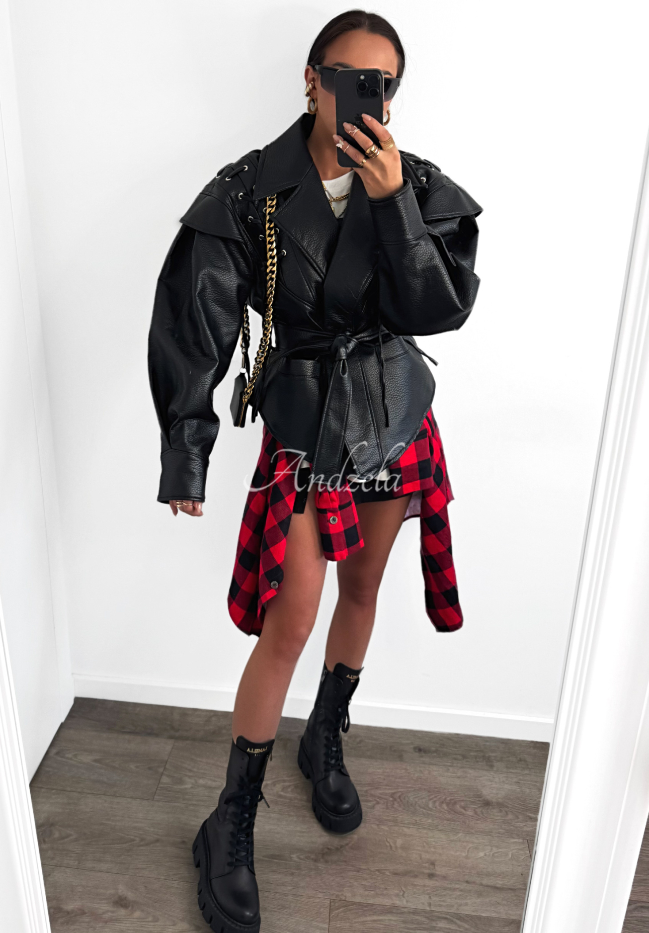 Bikerjacke aus Leder mit Gürtel La Milla Block His Number Schwarz