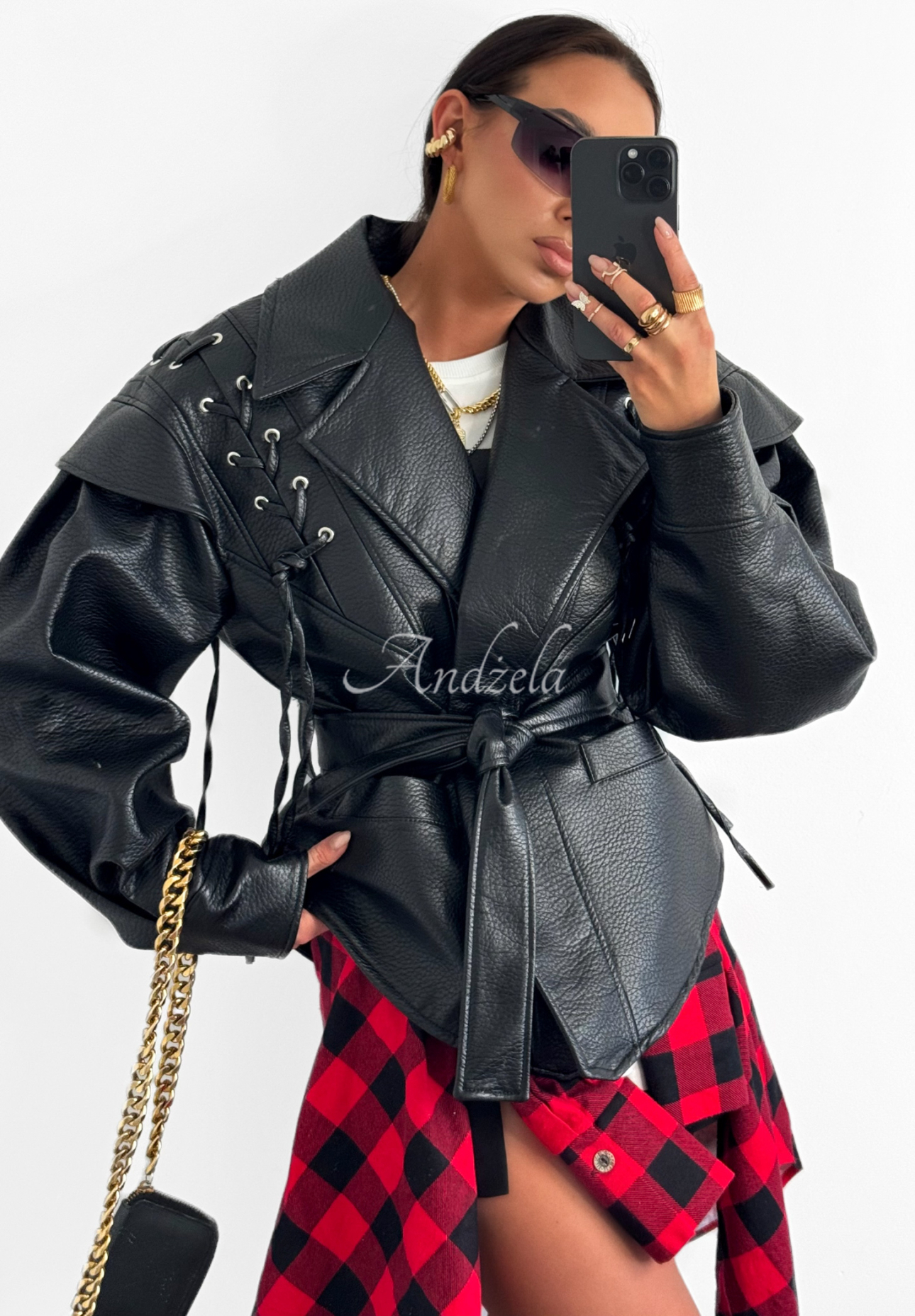 Bikerjacke aus Leder mit Gürtel La Milla Block His Number Schwarz
