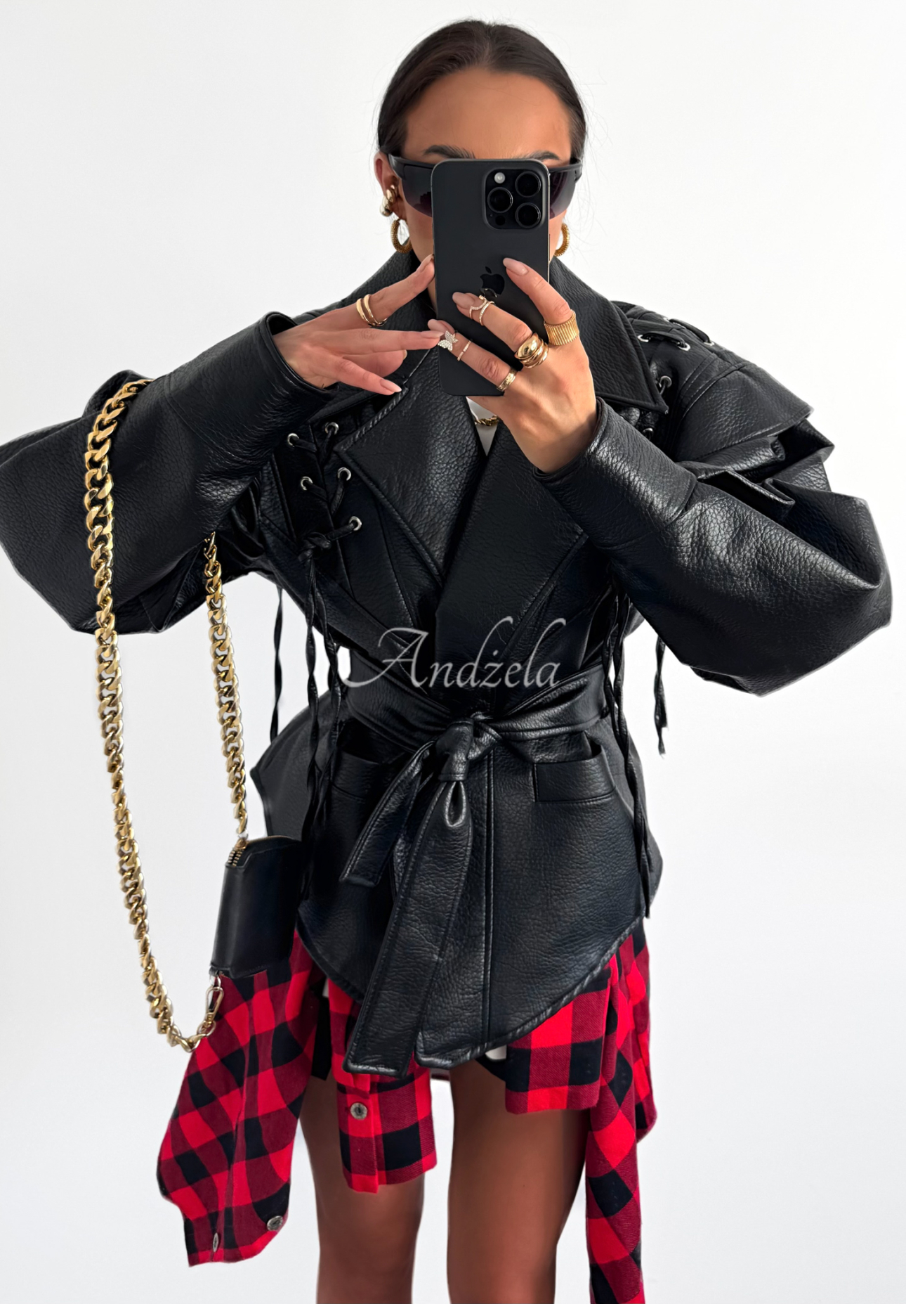Bikerjacke aus Leder mit Gürtel La Milla Block His Number Schwarz